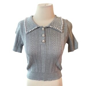 Lizette Collection gray Knit Top Pearl Rhinestone Collar Short Sleeve M 
Luxury